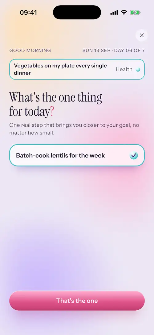 The morning screen asking “What’s the one thing for today?”, with the step written in