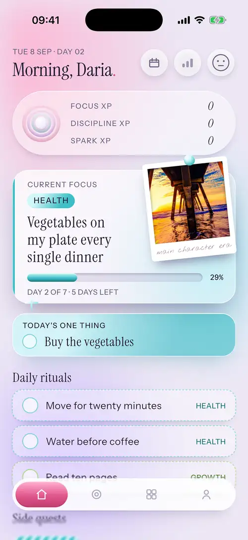 The Home screen: the chapter’s goal and progress, today’s one thing and the daily rituals