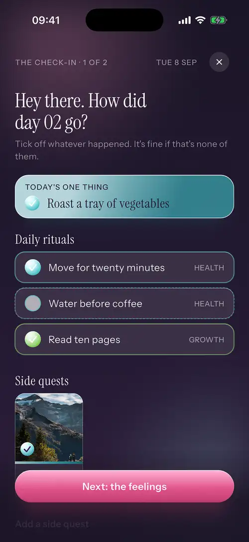 The evening check-in: today’s one thing, the daily rituals and a side quest, being ticked off