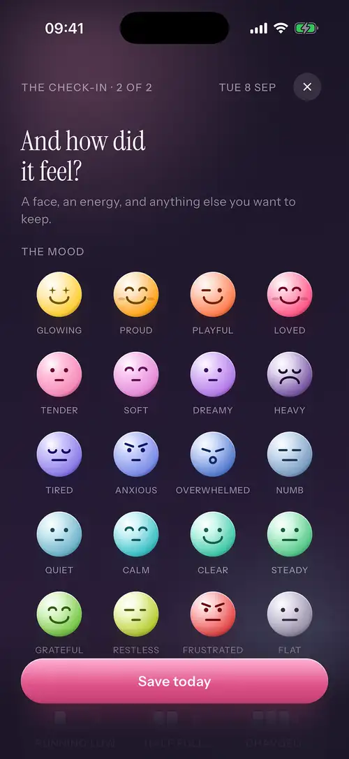 Step two of the check-in: 20 mood faces to choose from