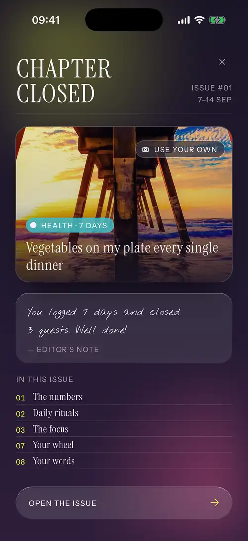 The cover of a chapter’s issue: the cover photo, the goal, an editor’s note and the contents
