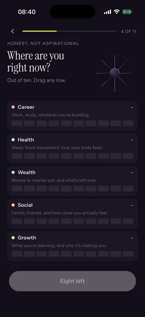 Scoring the eight areas of life in the app, each on a row of ten bars